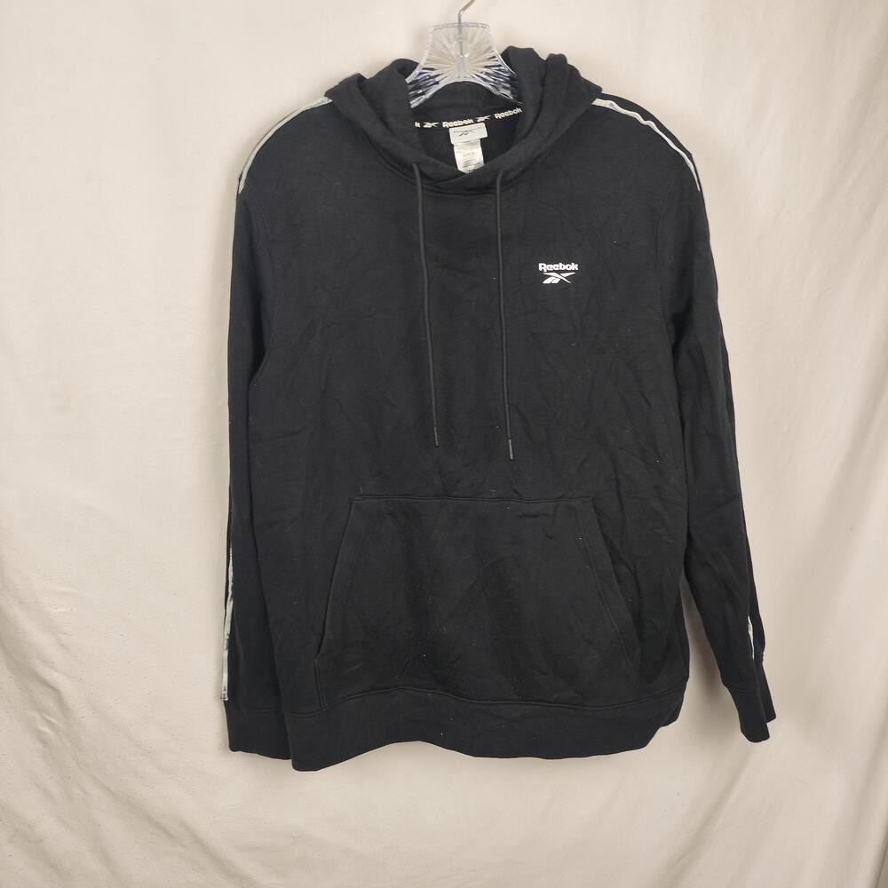 Reebok Hoodie Mens Medium Black Fleece Pullover Logo Shoulder Stripe Pocket